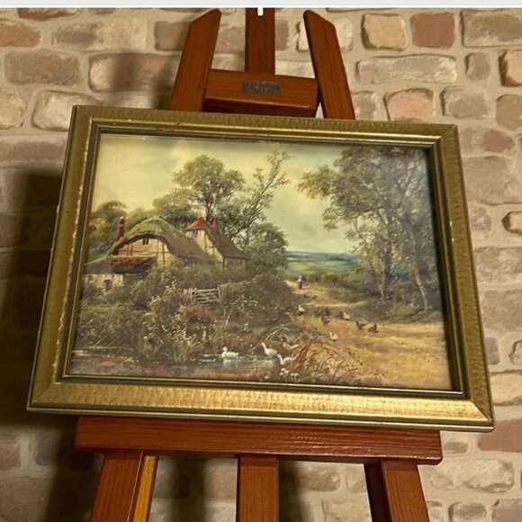 Vintage Thatched Cottage Chickens Ducks Pond Countryside Picture - Picture 1 of 5